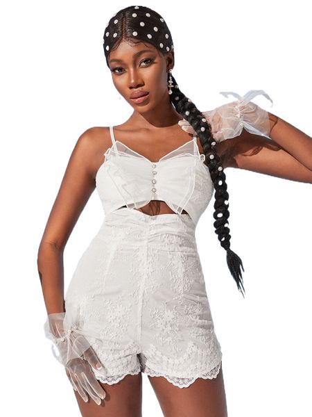 

floral embroidery cut out scallop trim mesh cami romper e2a5#, Black;white