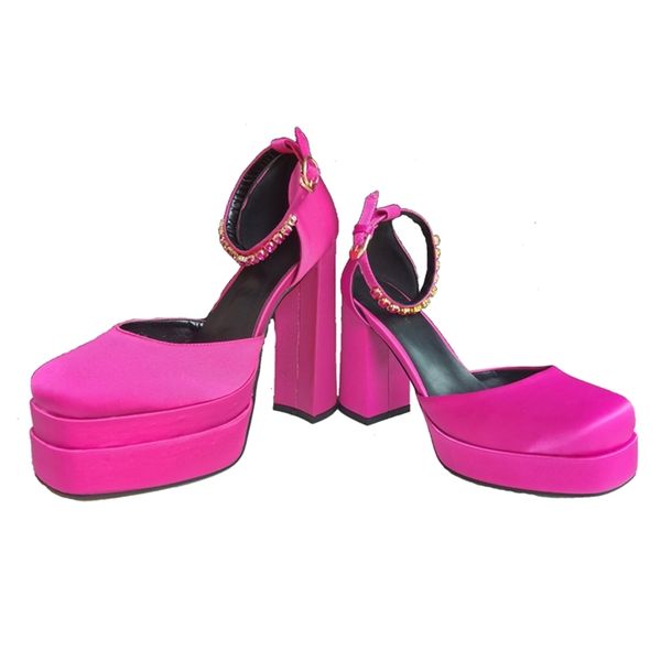 Bombas femininas sexy sandálias de seda de couro genuíno grosso salto alto plataforma sapatos de festa preto rosa branco amarelo 220516