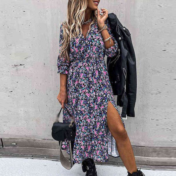 

floral print women's side split long dress summer v-neck long sleeve buttons women dresses 2021 trend spring new ladies clothes t220816, Black;gray