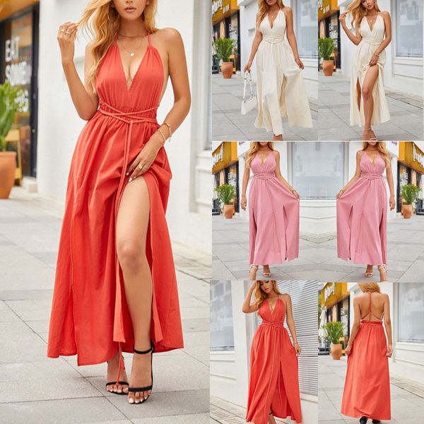 

women casual dresses summer 2022 v neck bohemian beach dress sleeveless long dress split sundress robe beachwear favorite, Black;gray