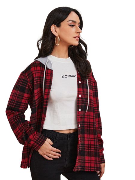 

plaid print drawstring hooded button up coat p3tr#, Black