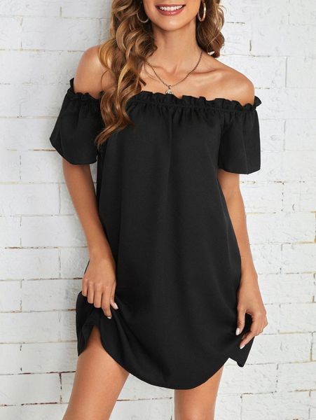 

off shoulder frill trim dress k97l#, Black;gray