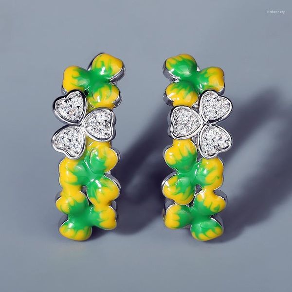 Pendientes de piedra de circón esmaltados elegantes a la moda para mujer, pendientes de flor de trébol con incrustaciones de cristal de Color plateado de lujo, joyería fina, Stud Kirs22