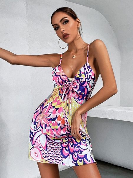 

geo & floral print drawstring front cami dress z1it#, Black;gray