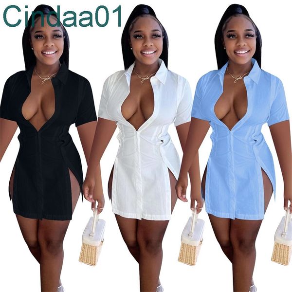 

2022 luxury summer shirt dress stitching solid irregular split shirt high waist dress elegant woman bloues casual clothing, White