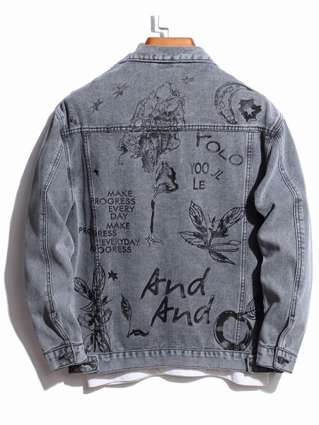 

men plant & slogan graphic denim jacket without tee f6l4#, Black;brown