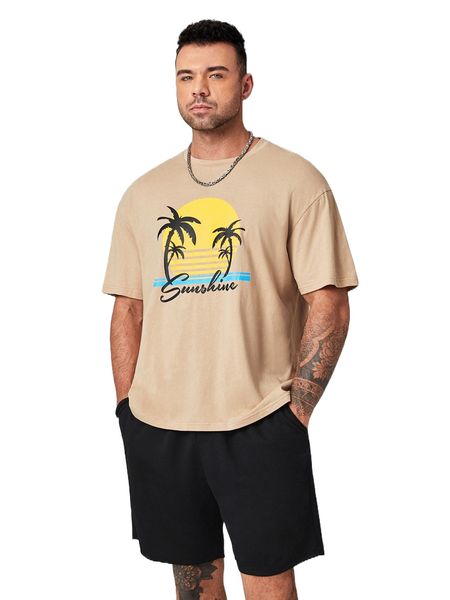 

extended sizes men coconut tree & letter graphic tee & shorts b6ko#, Gray