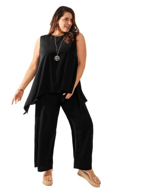 

emery rose plus high low hem & wide leg pants k1eb#, Black