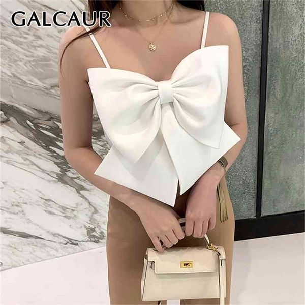 

galcaur bowknot vest for women square collar sling sleeveless summer short vests female korean fashion clothes 210325, White