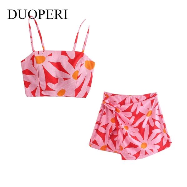 Duoperi Mulheres Dois Peça Set Floral Impresso Crop Top e Shorts de Alta Cintura Skort Doce Mulheres Outfit Sets Verão 220423