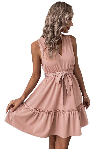 

ruffle hem sleeveless belted dress p6ku#, Black;gray