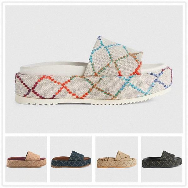 

beach slippers canvas platform thick bottom designer women shoes cartoon alphabet lady platform slide sandal leather heels letter high heel, Black