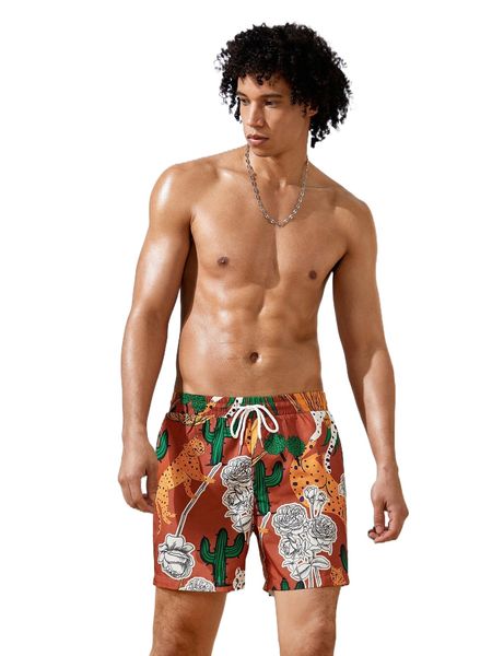 

men leopard & cactus print drawstring waist shorts 63as#, White;black
