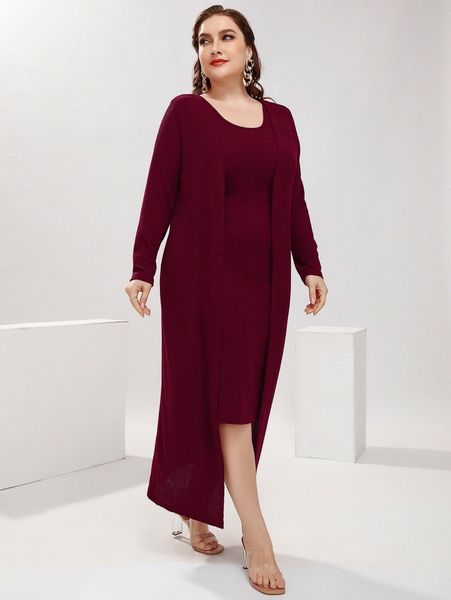 

plus ribbed knit bodycon dress & open front coat r0nz#, Black