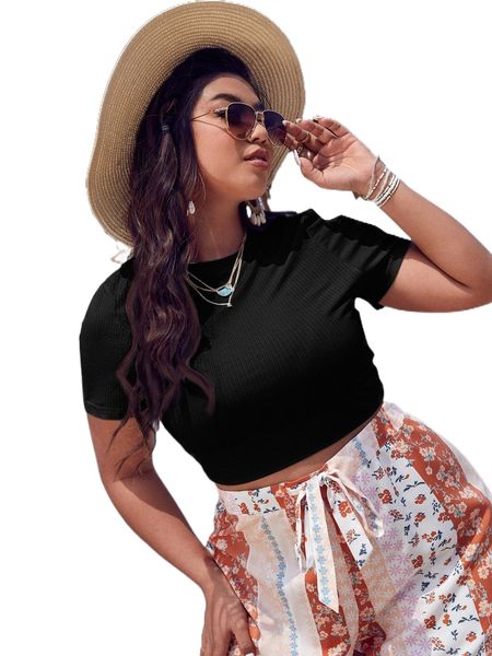 

plus cut out tie back crop tee f5zh#, Black