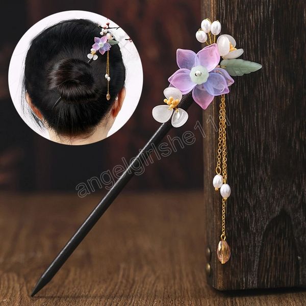 

vintage wooden hair stick chinese style winding flower hairpin with tassel classical elegant lady hair accessories, Slivery;white