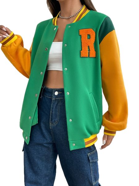 

letter patched colorblock striped trim varsity jacket f7mu#, Black;brown