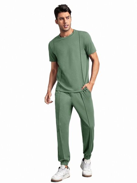 

men solid seam front tee & slant pocket sweatpants h2mm#, Gray