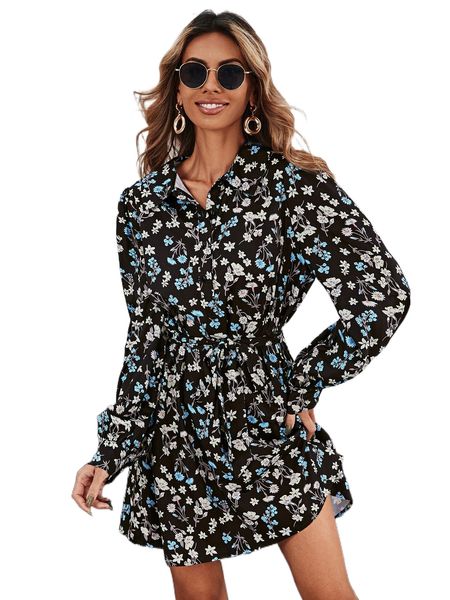 

floral print lantern sleeve belted dress h0zo#, Black;gray