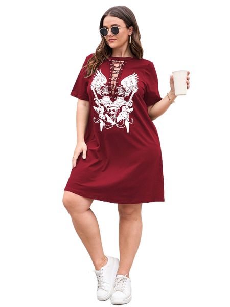 

plus wing & floral print grommet lace up tee dress x0j8#, Black