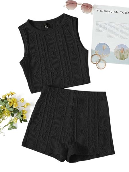 

cable textured tank & shorts l3bb#, White