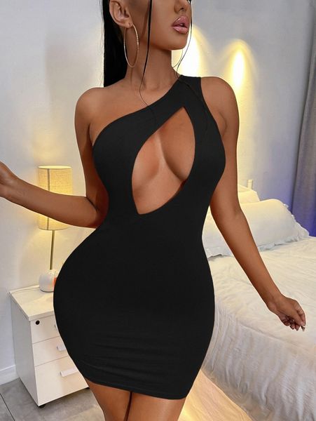 

one shoulder cut out bodycon dress m0ni#, Black;gray