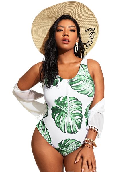 

plus tropical plant zipper front one piece swimsuit d0wt#, White;black