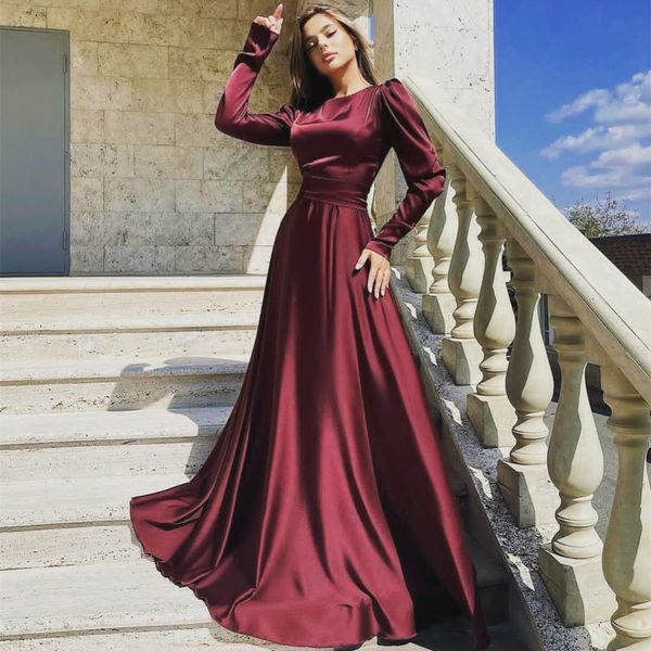

arabic long sleeves formal evening dresses sweep train jewel neck satin a line prom party gowns, Black;red