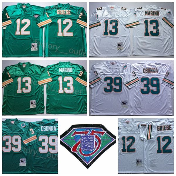 

1994 throwback mitchell and ness football 13 dan marino jersey 75th anniversary vintage 39 larry csonka 12 bob griese team green color white, Black;red