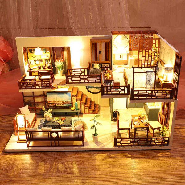 DIY Puppenhaus Holzpuppenhäuser Miniatur Puppenhaus Möbelset Spielzeug für Kinder Weihnachtsgeschenk Die zufriedene Zeit