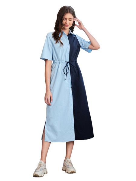 

two tone drawstring waist shirt dress 99o9#, Black;gray