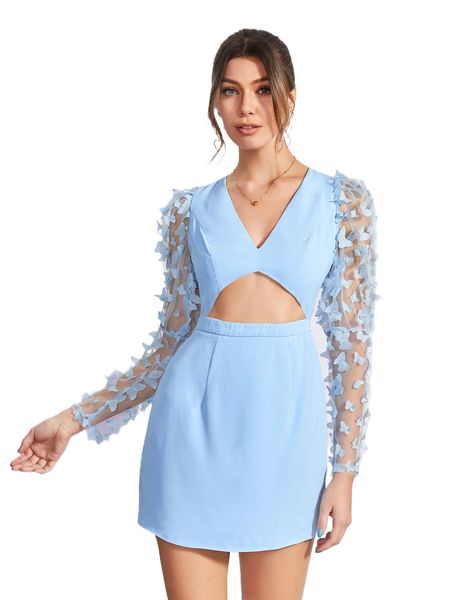 

x the moon in leo butterfly applique contrast mesh cut out front tie back dress s0o7#, Black;gray