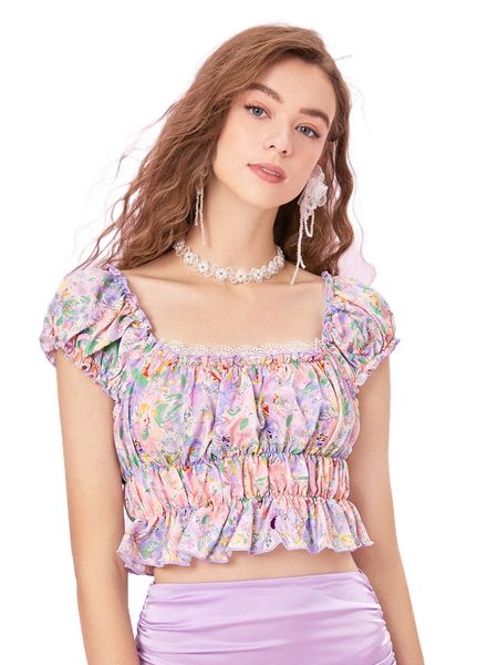 

mod allover print ruched bust lace trim puff sleeve peplum crop blouse d1e2#, White