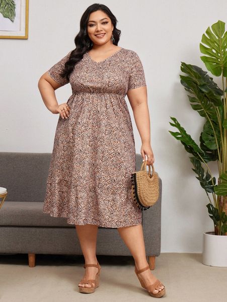 

emery rose plus allover print ruffle hem dress a72a#, Black