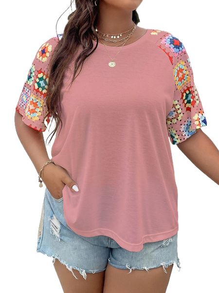 

plus graphic print contrast raglan sleeve tee e6bd#, Black