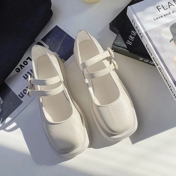 

sepatu mary jane tali gesper ganda desainer wanita lolita hitam putih coklat flat kulit gotik platform wedges loafer retro 220614, Black