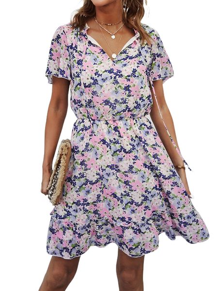 

allover floral print flutter sleeve tie neck ruffle hem dress f4gg#, Black;gray