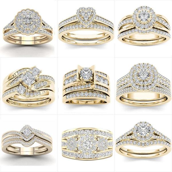

cluster rings mifeiya luxury wedding engagement lover's ring set bling iced out geometric cubic zircon crystal for couple women men, Golden;silver