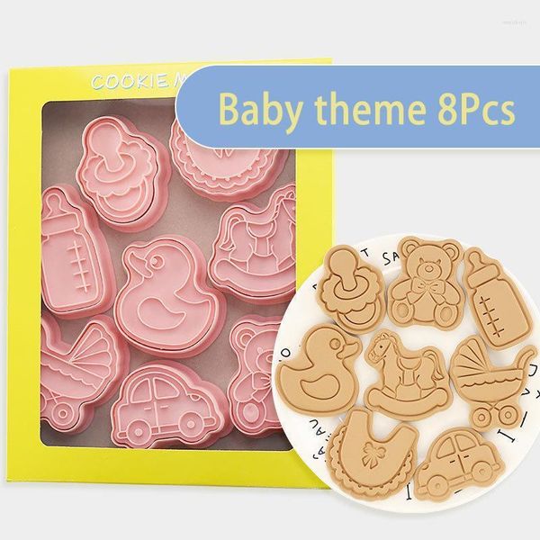 Stampi da forno 8pcs baby fumetti cookie set biscotto stampo giocattolo orso passeggino pasticceria in plastica 3d in plastica 3d