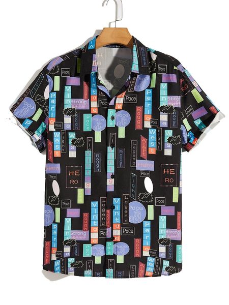 

men allover print button front shirt k8ch#, White;black