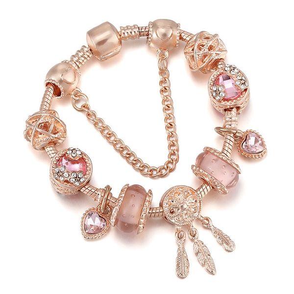 2022 Nuovo braccialetto di fascino in oro rosa ciondolo acchiappasogni rosa in vetro di Murano perline di fascino europeo perline di cuore braccialetto adatto per bracciali con ciondoli Pandora collana