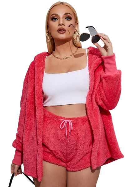 

plus drop shoulder hooded teddy coat & drawstring waist shorts y9y9#, Black