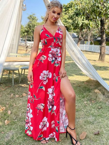 

eilly bazar crisscross tied backless wrap hem floral cami maxi dress p9sp#, Black;gray