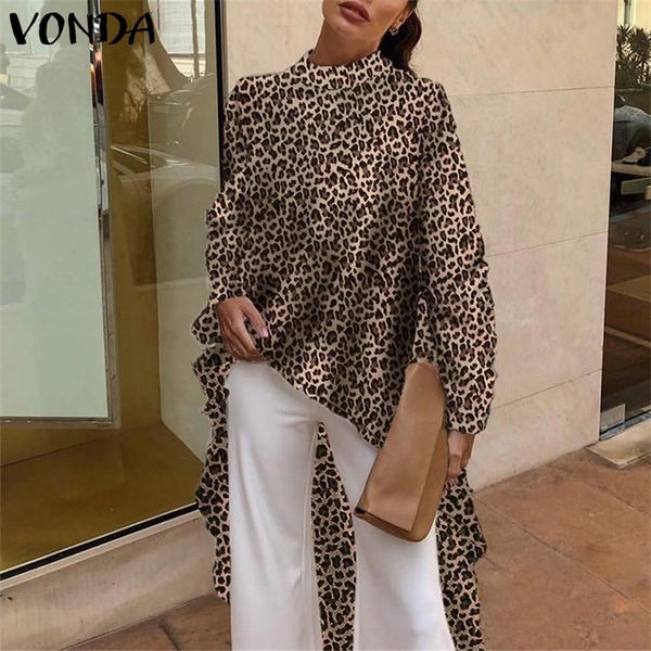 

vonda summer leopard print blouse 2019 casual sevy women blouse long sleeve vintage office shirt asymmetrical long plus size t200321, White