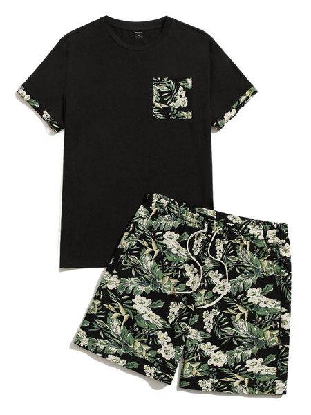 

men tropical print tee & drawstring waist shorts set m2pi#, Gray