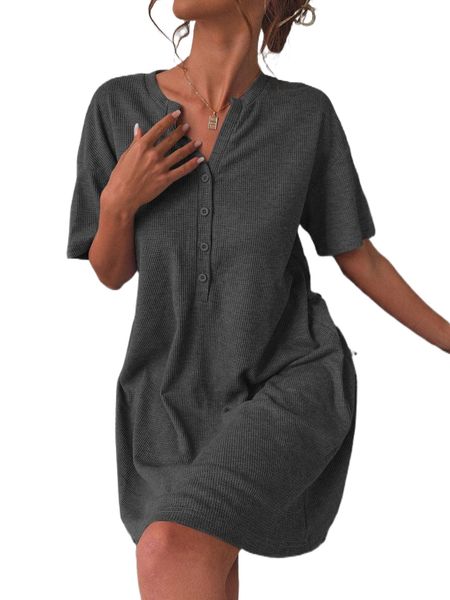 

half button drop shoulder night dress s0bx#, Black;red