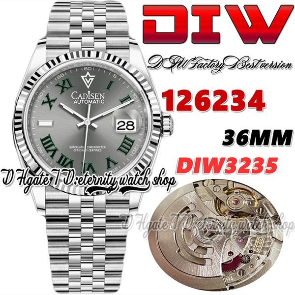 Diwf diw126234 SA3235 Mens de 36mm de 36 mm de moldura caneada Dial cinza marcadores romanos 904l Jubileesteel Bracelet com o mesmo cartão de garantia serial Eternity Watches Watches