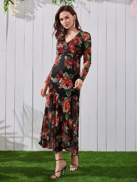 

ruffle hem floral print mesh dress 309c#, Black;gray