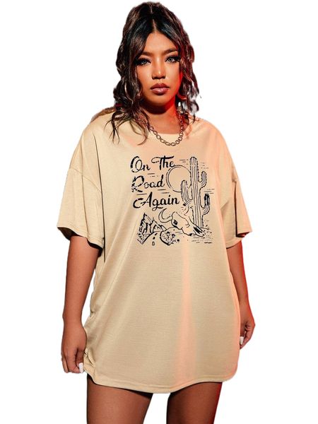 

plus cactus & slogan graphic drop shoulder tee p0pp#, Black