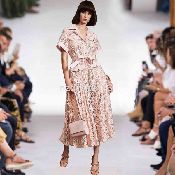 

casual dresses catwalk spring and summer women's suit collar short sleeve pink lace up medium long temperament dress, Black;gray